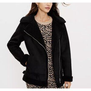 NWT Ann Taylor LOFT Faux Suede Aviator Jacket Coat MP Petite Black Sherpa Moto